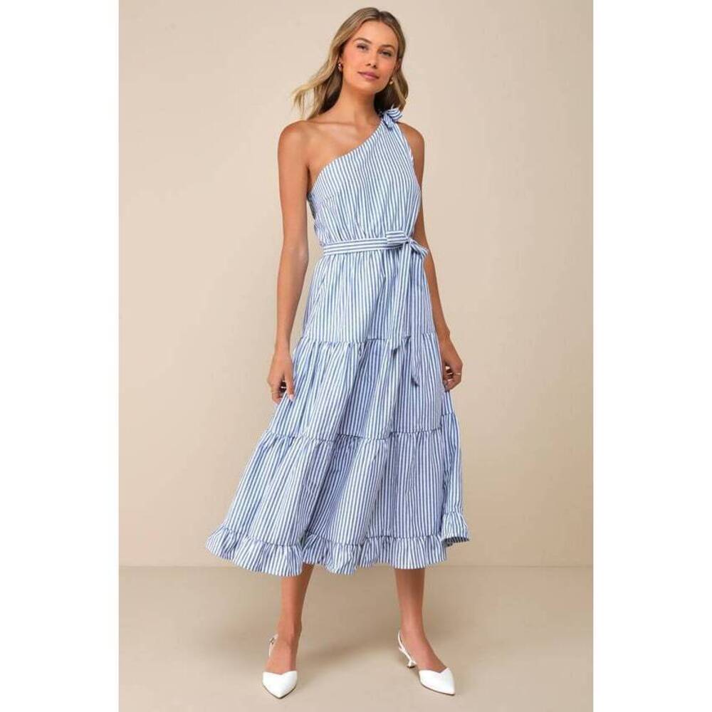 Lulus Gleeful Getaway Blue And White Striped One-shoulder Midi Dress - Size L